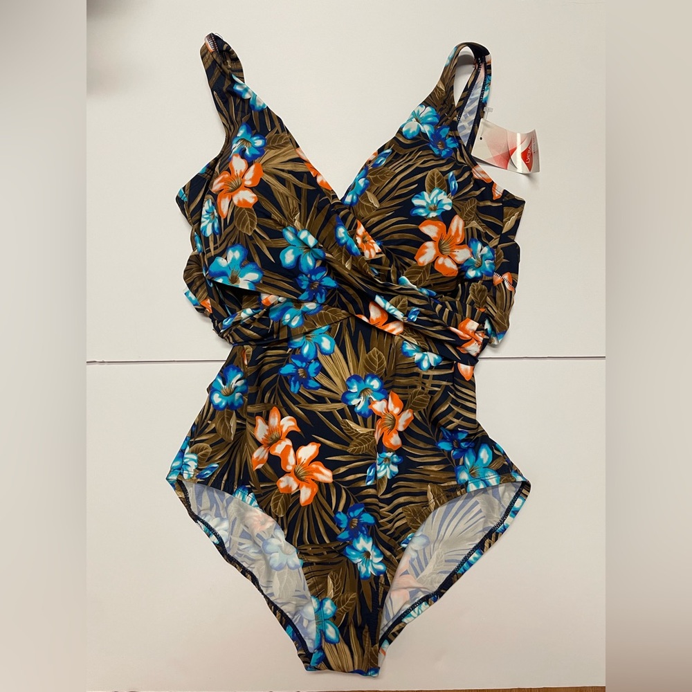 Lands’ End plus size one piece swimsuit wrap drape front floral print 14